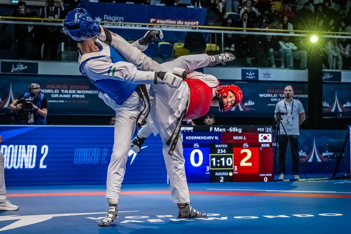 Jinho Mun (red) faces Najmiddin Kosimkhojiev in the men’s −68kg final in Paris on 10 October 2026.