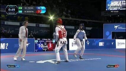Maria Clara Pacheco (blue) faces Mariya Sevostyanova in the women’s −57kg semifinal in Paris on 10 October 2026.