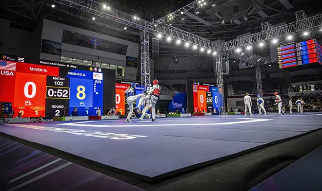 Taekwondo competition inside T1 Stadium at Taekwondowon in Muju