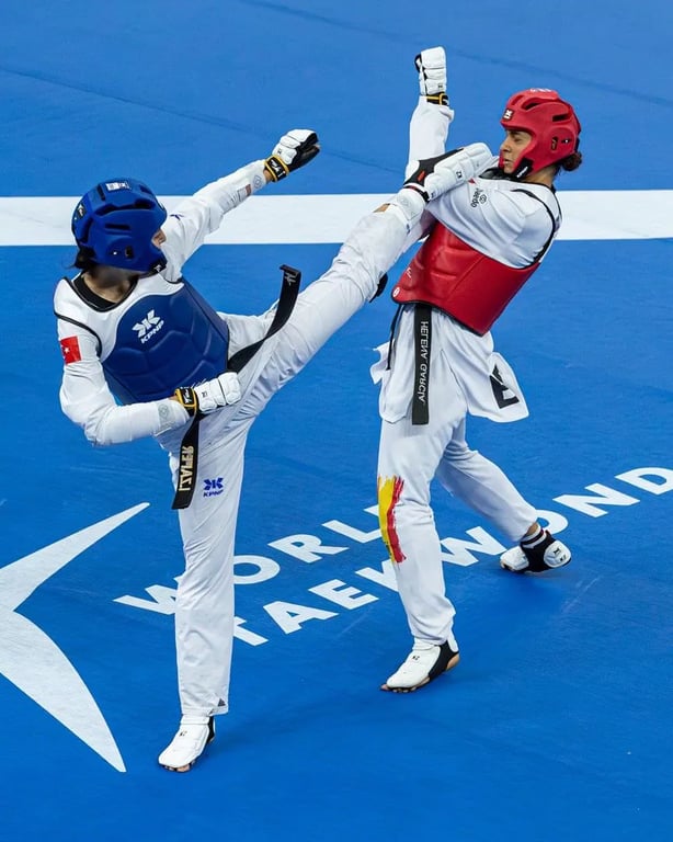 Taekwondo athlete during the 2026 Mediterranean Games competition in Massafra