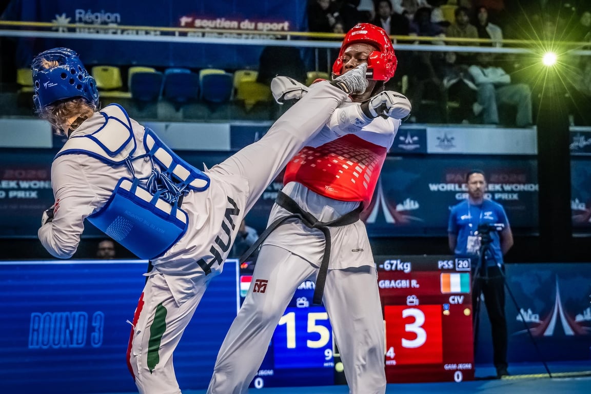 Viviana Márton (blue) faces Ruth Gbagbi in the women’s −67kg final in Paris on 10 October 2026.