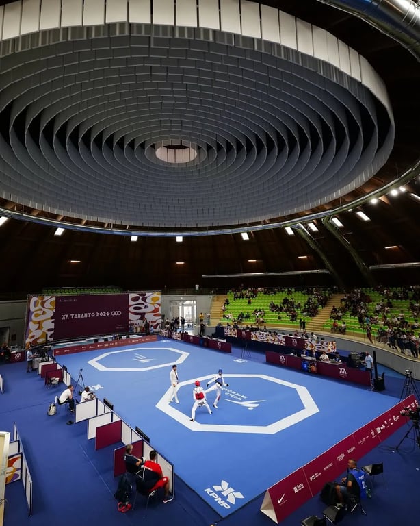 The taekwondo competition floor at the Sports Palace Giovanni Paolo II