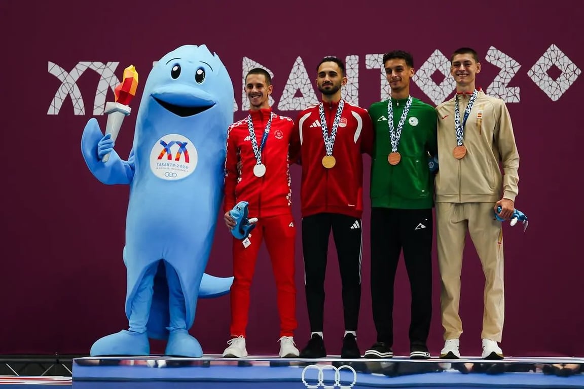 The men’s -58kg medalists on the podium in Taranto